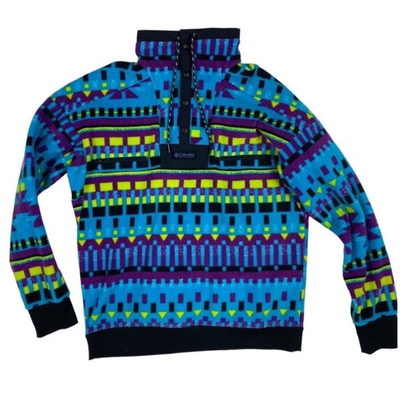 Columbia Small Powder Keg Fleece Pullover Snap Jacket Mens Unisex Aztec Blue 90s - Picture 1 of 7